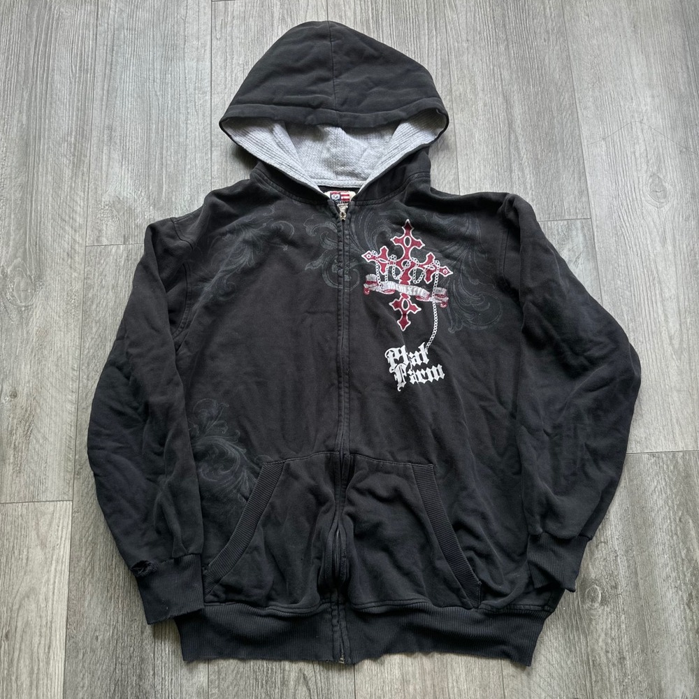 Vintage Y2K Phat Farm Black Zip Hoodie Gothic Cross Graphic Hip Hop Men's XL